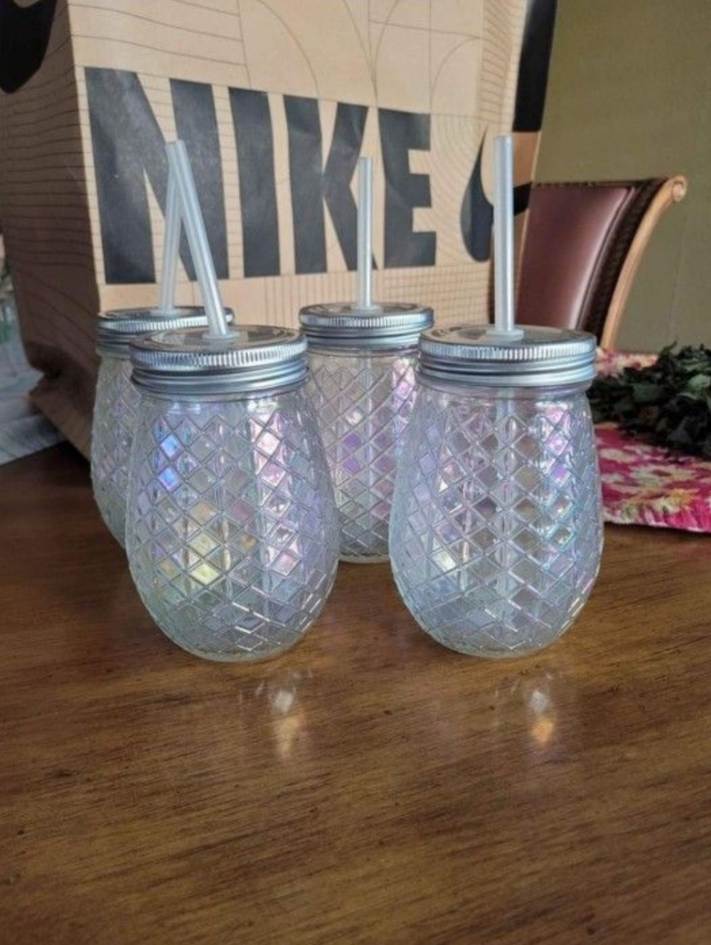 4 Iridescent Glass Jar Cups with Straws
